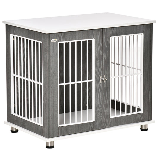 Hondenbench – Hondenkooi – Transportbench – Hondenhok – Dierenbench – Vergrendelbare Hondenbench – Stevig Houten Frame – Verstelbare Voetjes – Grijs-Witte Kleur