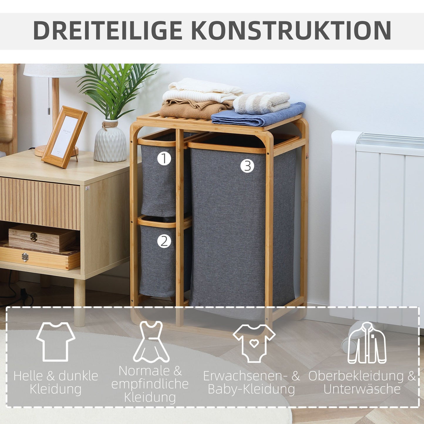 Bamboe Wasmand – Wasbak – Wasbox – Wascontainer – Wasopvang – Natuurlijke Grijze Kleur – 3 Uitneembare Mandjes – Compact & Ventilerend Ontwerp
