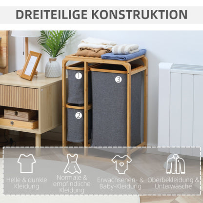 Bamboe Wasmand – Wasbak – Wasbox – Wascontainer – Wasopvang – Natuurlijke Grijze Kleur – 3 Uitneembare Mandjes – Compact & Ventilerend Ontwerp