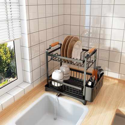 Afdruiprek – Droogrek – Serviesrek – Bestekrek – Keukenrek – 2-Laags RVS – Compact Zwart Design 36x26x37 cm