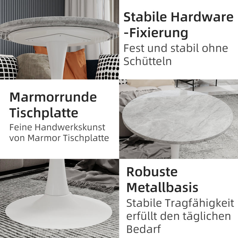 Ronde Salontafel – Bijzettafel – Koffietafel – Eettafel – Tafel – Kunstmarmer Blad – Lichtgrijze IJzeren Poot – 70 cm Diameter – Geschikt voor 2-4 Personen