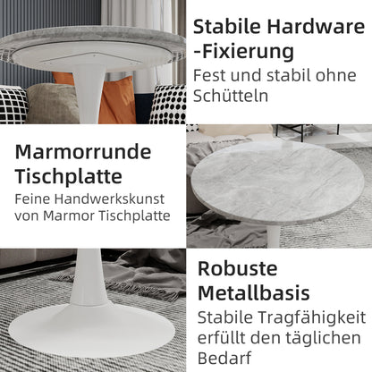 Ronde Salontafel – Bijzettafel – Koffietafel – Eettafel – Tafel – Kunstmarmer Blad – Lichtgrijze IJzeren Poot – 70 cm Diameter – Geschikt voor 2-4 Personen