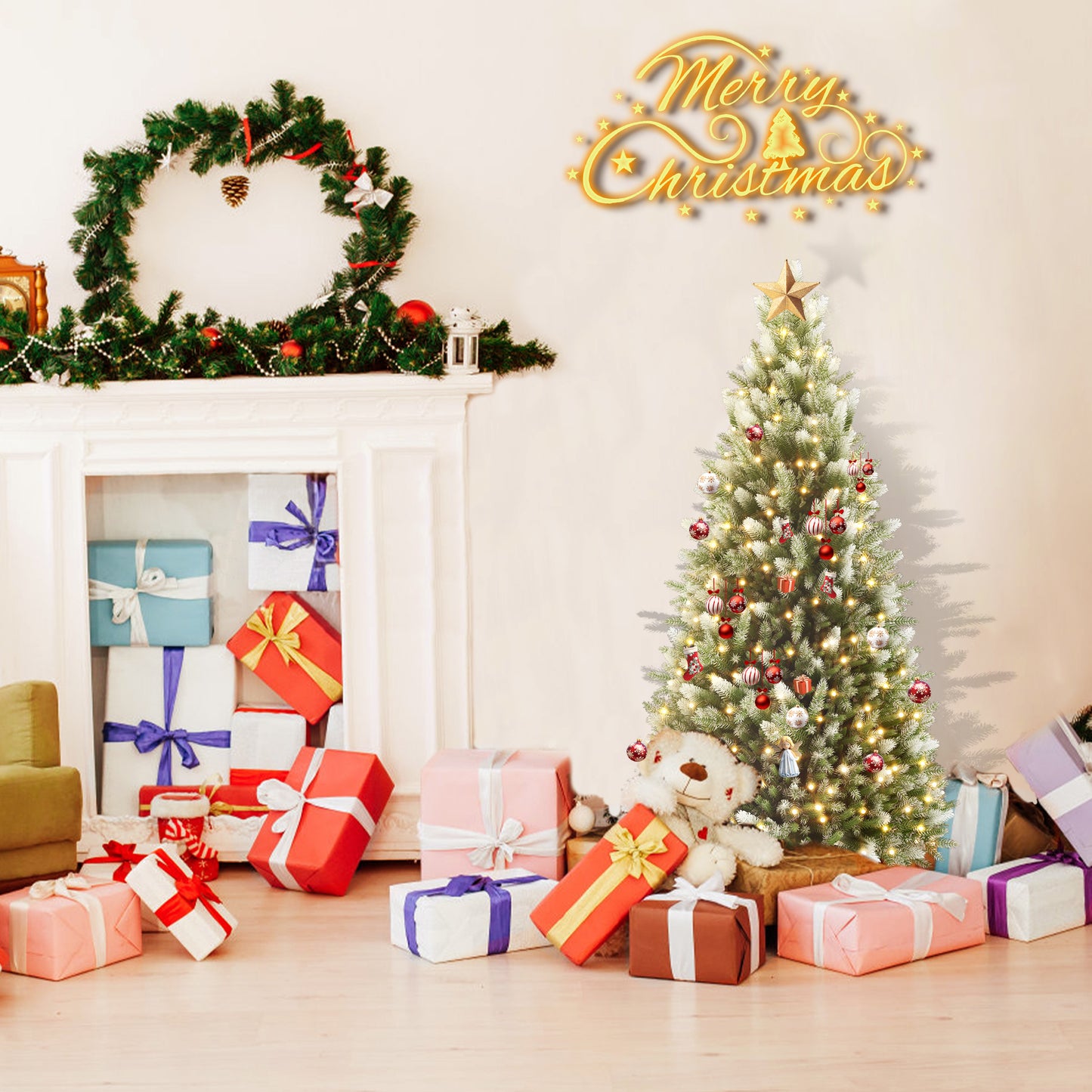 Kunstkerstboom – Namaak kerstboom – Decoratieve kerstboom – Sneeuweffect boom – PVC kerstboom – 225 cm Hoogte – Realistisch Sneeuweffect – Stevige Standaard