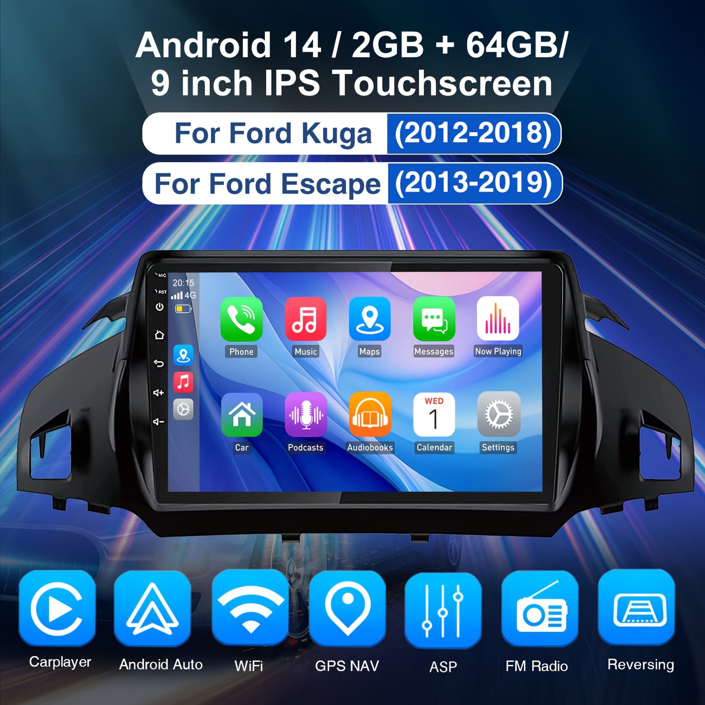 Android 14 Autoradio – Double DIN Navigatiesysteem – Auto Multimedia Speler – GPS Radio – Touchscreen Stereo – 2+64GB Geheugen – 9-Inch HD Scherm – Android Auto & CarPlay Compatible