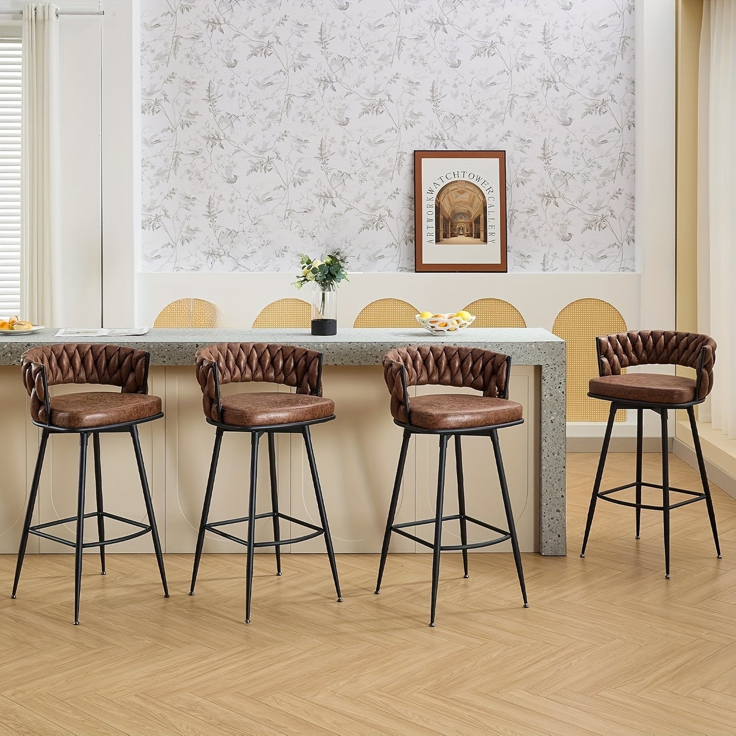 Barstoel – Barkruk – Bezoekersstoel – Stoel – Barkrukken – Hoogte 79 cm – Met Gevlochten Rugleuning – Met Metalen Frame