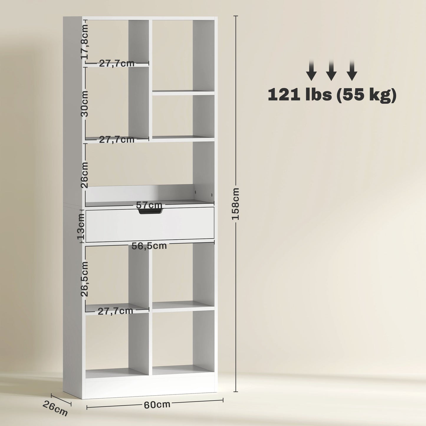 Boekenkast – Boekrek – Opbergkast – Plank – Wandkast – Wit – 9 Vakken – Kantelbeveiliging – Compact 60x26x158 cm