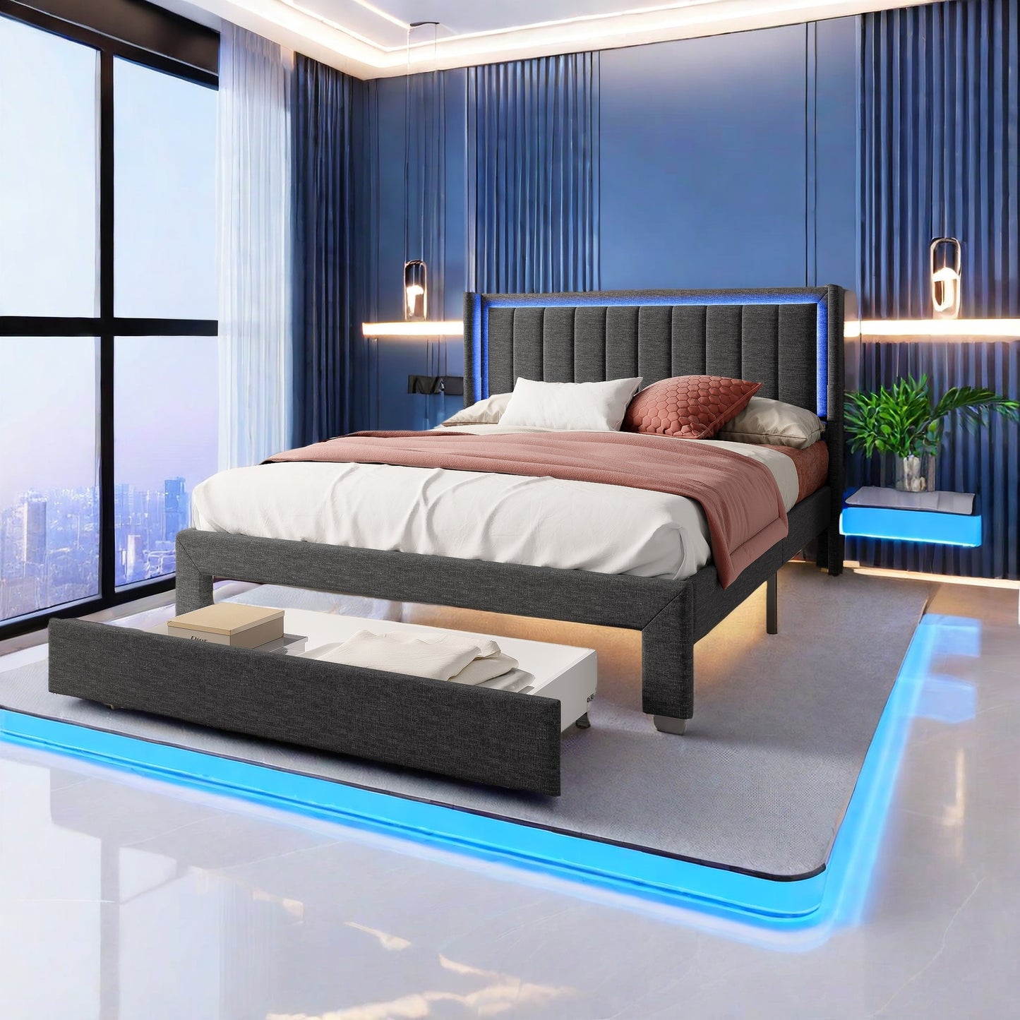 Tweepersoonsbed – Bedframe – Slaapbed – Opbergbed – Led Bed – 140 x 200 cm – Grijs Linen – Met USB-poort en Opberglade