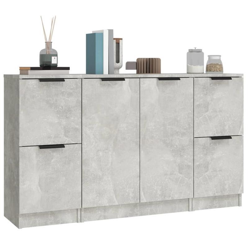 Dressoir – Opbergkast – Ladekast – Commode – Buffetkast – Set van 3 – Massief Bewerkte Hout – Betongrijze Kleur