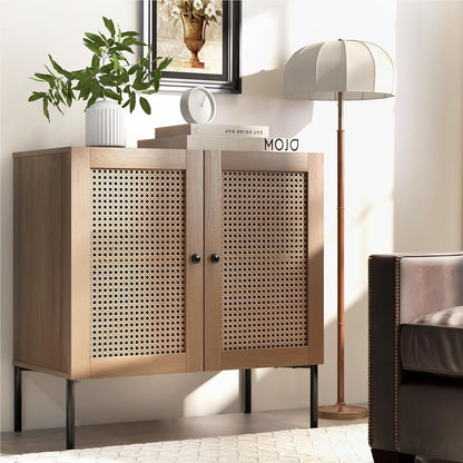 Dressoir – Sideboard – Kast – Buffetkast – Opbergmeubel – Met 2 Rieten Deuren – Industrieel Design – 80x40x80 cm – Verstelbare Planken – Houten Werkblad Eikenhout