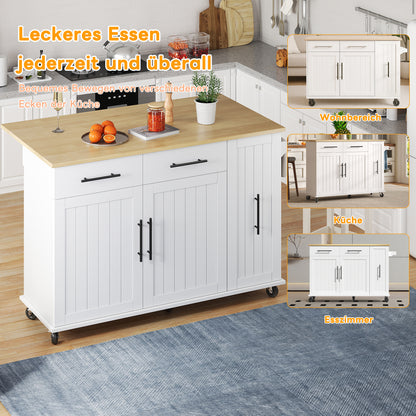 Keukenwagen – Keukentrolley – Keukenkar – Serveerwagen – Mobiele Keukenwagen – Uitklapbaar Werkblad 120x65 cm – 2 Lades & 3-laags Uitschuifrek – Wit