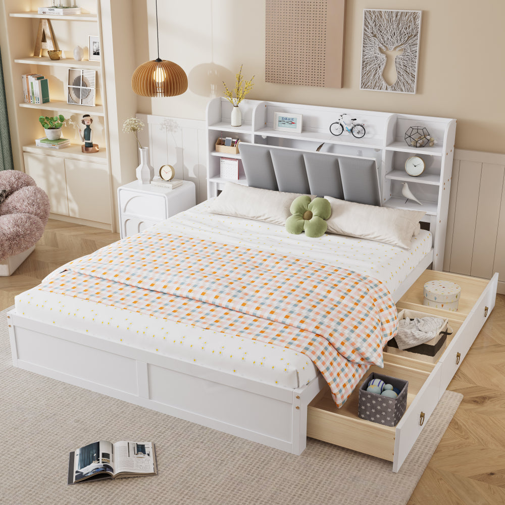 Bedframe – Tweepersoonsbed – Opbergbed – Met Lattenbodem – Metal Bed – Modern Design – 160x200 cm – Stevig Metalen Frame Met 3 Lade Opbergruimte & Liftdeksel