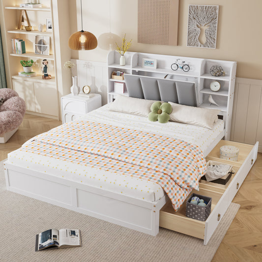 Bedframe – Tweepersoonsbed – Opbergbed – Met Lattenbodem – Metal Bed – Modern Design – 160x200 cm – Stevig Metalen Frame Met 3 Lade Opbergruimte & Liftdeksel