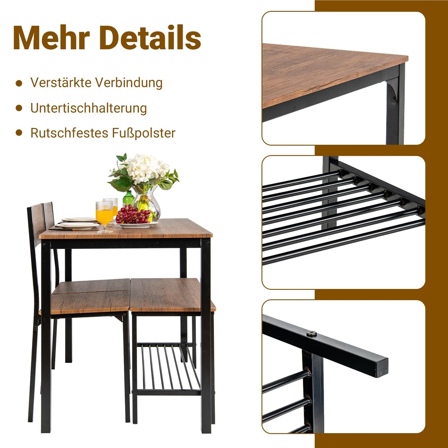 Eettafel Set 4-delig – Keukentafel – Stoelenset – Eetkamertafel – Industrieel Tafeldesign – Metaal Frame – Grote Bank Met Opbergruimte – Bruin