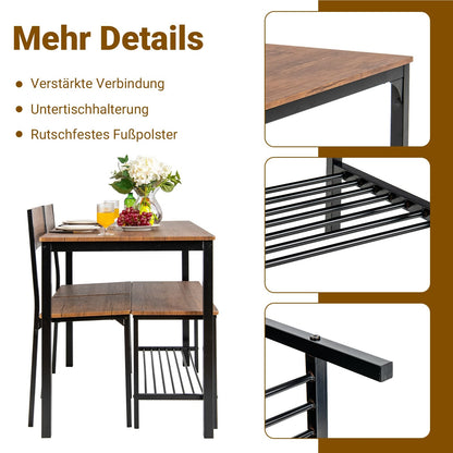 Eettafel Set 4-delig – Keukentafel – Stoelenset – Eetkamertafel – Industrieel Tafeldesign – Metaal Frame – Grote Bank Met Opbergruimte – Bruin