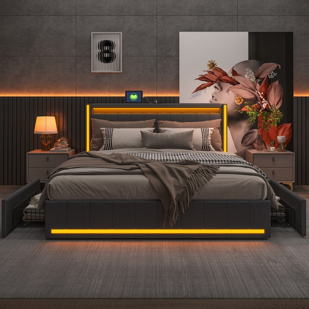 Bed 140x200 – Tweepersoonsbed – Stapelbed – Linnen Bed – Opbergbed – Ingebouwde LED-Verlichting – USB-Poort – Donkergrijs – 4 Laden – Houten Lattenbodem