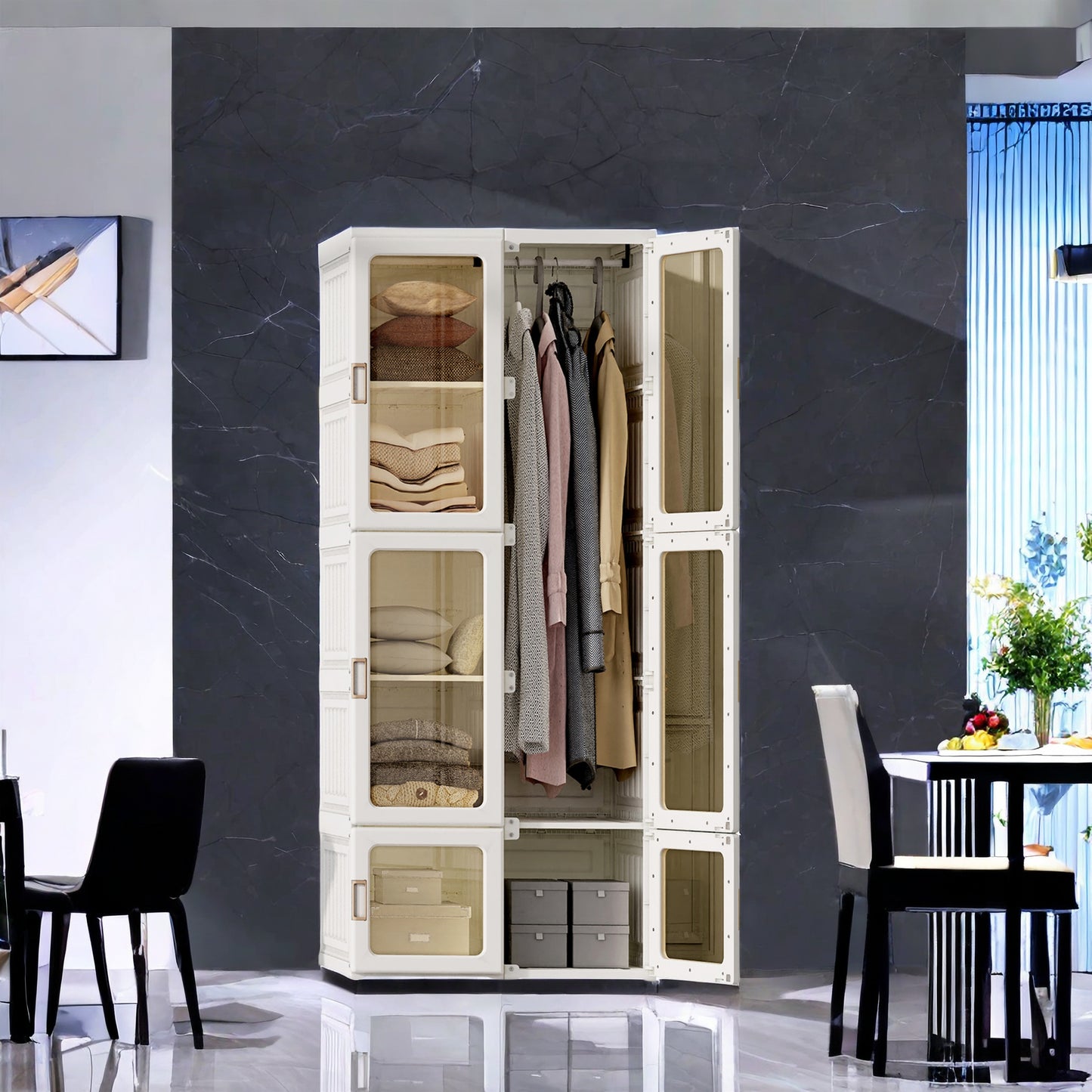 Opbergkast Kleding – Garderobekast – Kledingkast Organizer – Opberger – Garderobe – Vouwbaar En Inclusief Kledingstang – Transparante Deuren