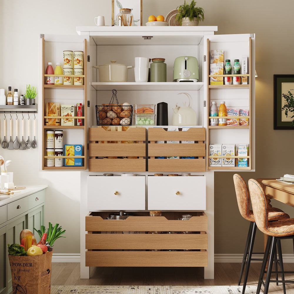 Modern Tall White Kitchen Cabinet with 2 Doors & 5 Drawers - Heavy-Duty -Standing Storage Unit Suitable for Small Kitchens, Dish Cabinet, Pantry, Space-Saving