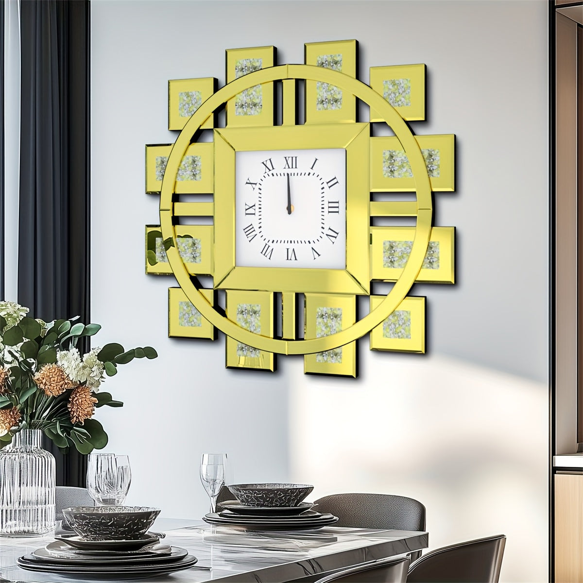 Ronde Wandklok – Spiegelklok – Kristalklok – Diamanten Klok – Glazen Klok – 60 cm Diameter – Fonkelende Verlijmde Kristallen – Stil Quartz Uurwerk