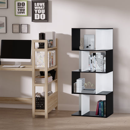 Boekenplank – Boekenrek – Wandplank – Wandkast – Opbergkast – S-vormig Design – 4 Planken – Zwart-Wit – Anti-Kantelapparaat – 60x24x148 cm
