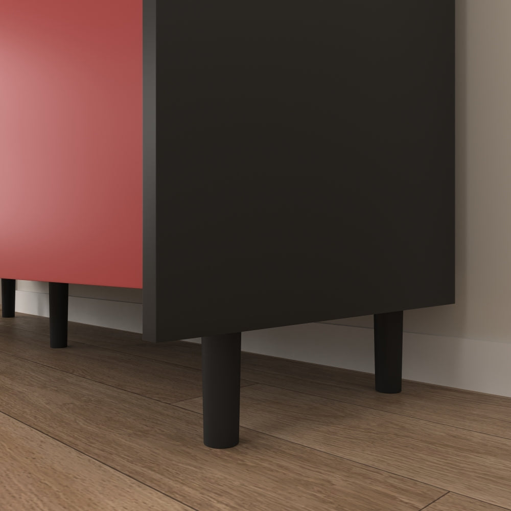 Modern Black & Red Metal Sideboard Cabinet with 2-Drawer Panel Design & Open Shelves - Coffee Bar Storage, Non-Wood Kitchen/ Furniture, Easy Assembly Required (Contemporary for Decor)