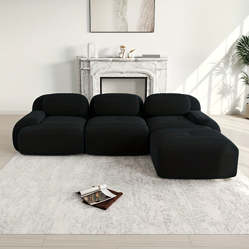 No Assembly Required Modular Sectional Sofa - Ergonomic Corduroy L-Shaped Couch with Pet-Friendly High-Stretch Green Fabric, Wide Armrests & Plush Cushions for & Bedroom, Easy-Clean Classic Design (No Wood Components)