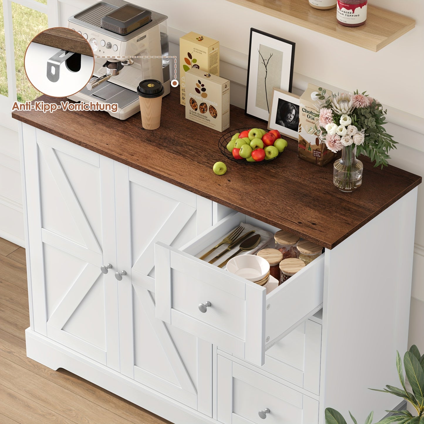 Kealive Modern White & Brown Storage Cabinet with Countertop - Freestanding Kitchen Buffet Sideboard with 3 Drawers & Doors, Heavy-Duty Particleboard Construction, 68.58cm+ Height, 3.2 Cu Ft Capacity, Easy Assembly for Kitche