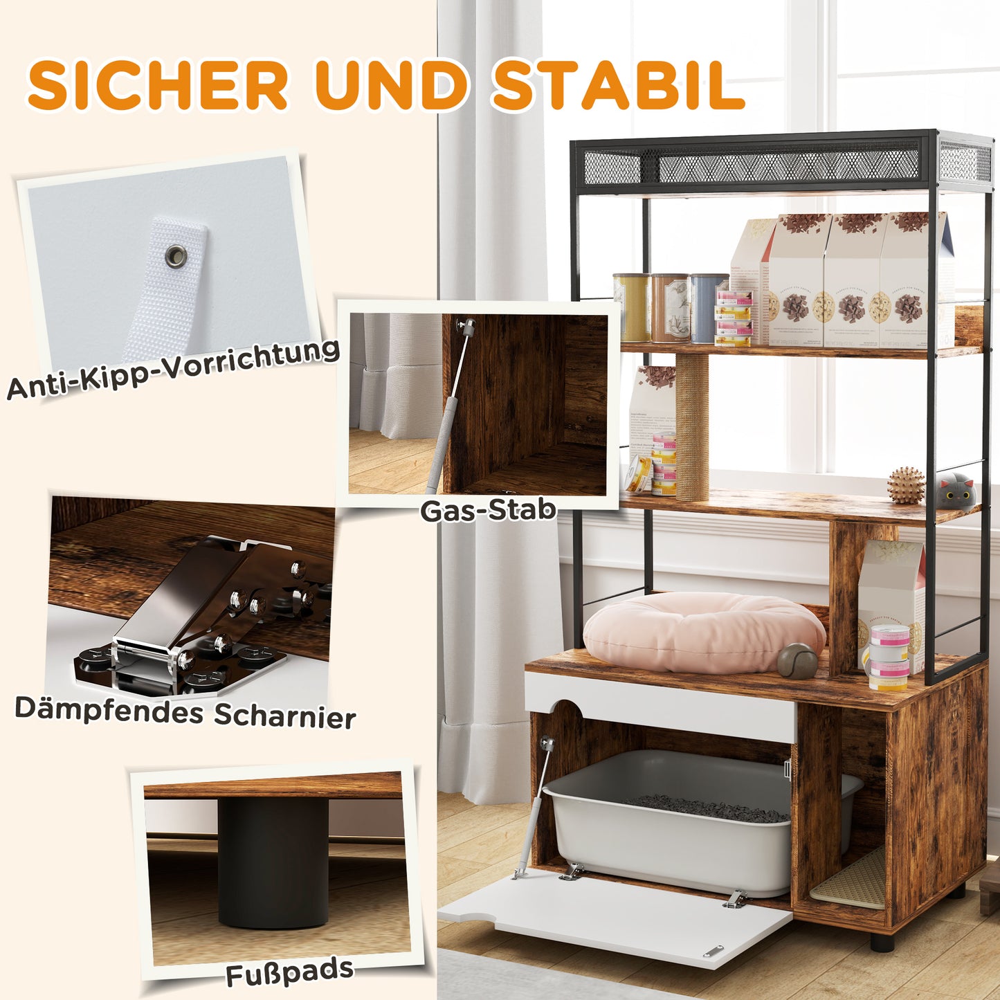 Kattenbakmeubel – Kattenbakkast – Kattenhuis – Kattentoilet – Kattenbakverstopper – Multifunctioneel 2-in-1 Design – Ruime Opbergruimte & Geïntegreerde Krabpaal – 80x48x152 cm – Rustiek Bruin
