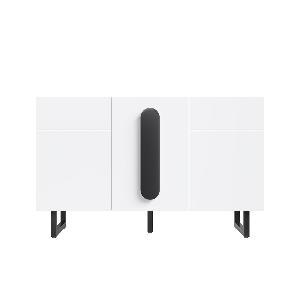 Sideboard, modern sideboard, 120cm, featuring ample storage space, drawers and cabinet doors, white finish with black handles and metal legs, suitable for dining rooms, living rooms or kitchens.