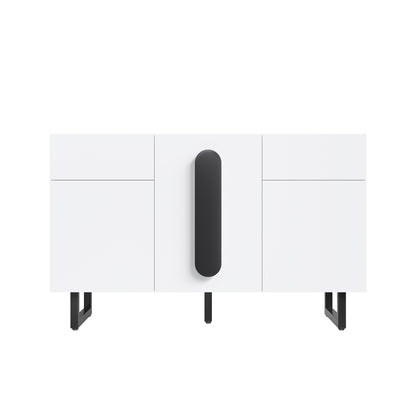Sideboard, modern sideboard, 120cm, featuring ample storage space, drawers and cabinet doors, white finish with black handles and metal legs, suitable for dining rooms, living rooms or kitchens.