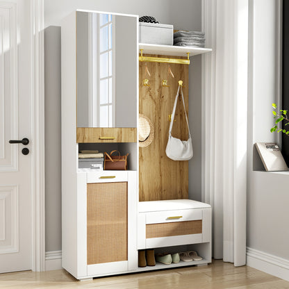 Kledingkast met Kaptafel – Garderobekast – Spiegelkast – Opbergkast – Schoenenkast – Wit – Bamboe Materiaal – 6 Gouden Kapstokken – Ruime Spiegel & Zithoek