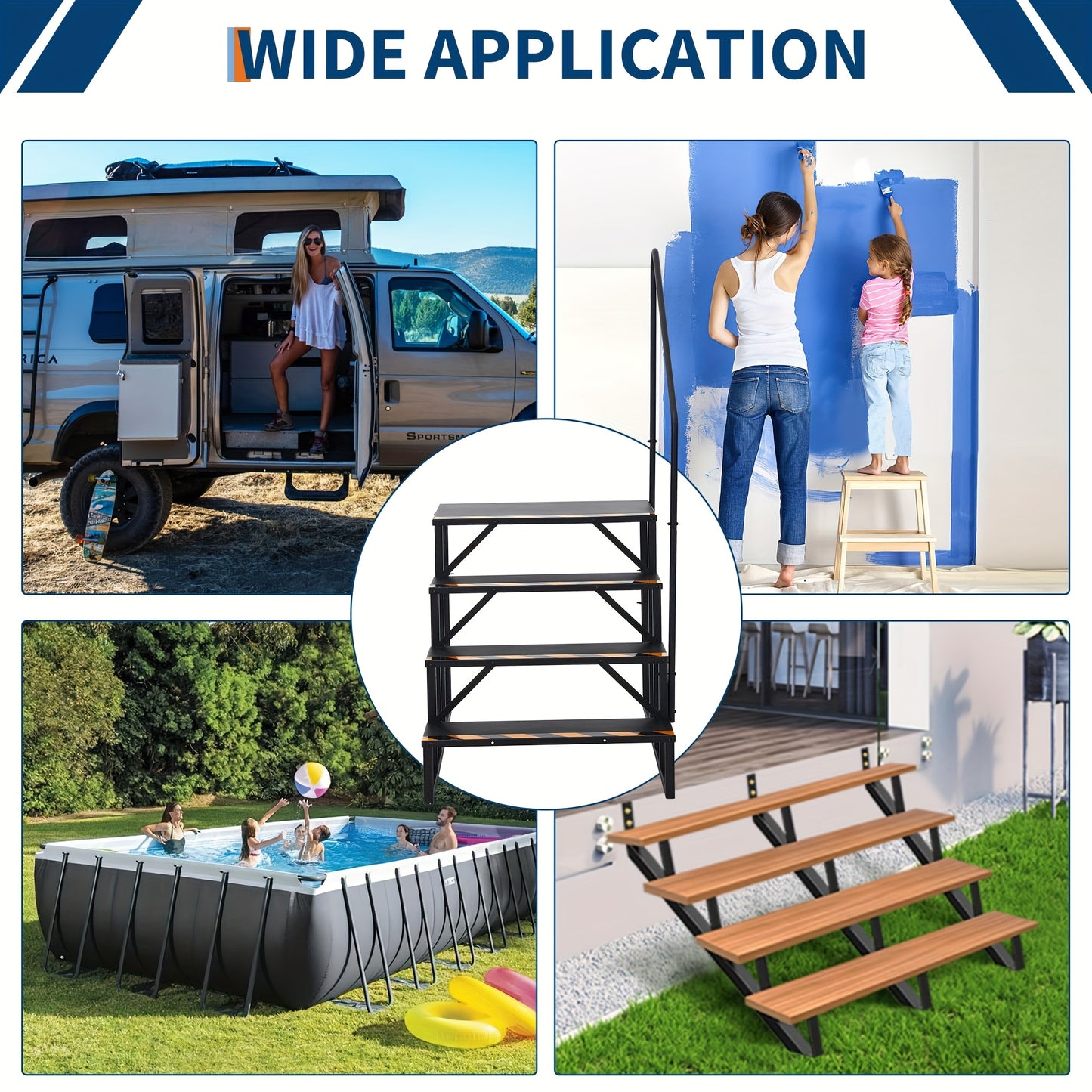 4-Step RV Stairs with Handrail, Portable Camper Steps for Travel Trailer & Hot Tub, Outdoor Stair with Non-Slip Treads and Powder Coated Frame, Hot Tub Access, Sturdy Handrail
