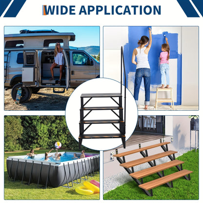 4-Step RV Stairs with Handrail, Portable Camper Steps for Travel Trailer & Hot Tub, Outdoor Stair with Non-Slip Treads and Powder Coated Frame, Hot Tub Access, Sturdy Handrail