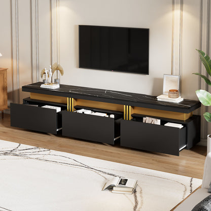Modern TV-meubel – Tv-meubel – Lowboard – Tv-kast – Mediameubel – Marmerlook – 3 Laden – Kabeldoorvoer – Geschikt voor TV’s tot 90 inch – Wit-Goud