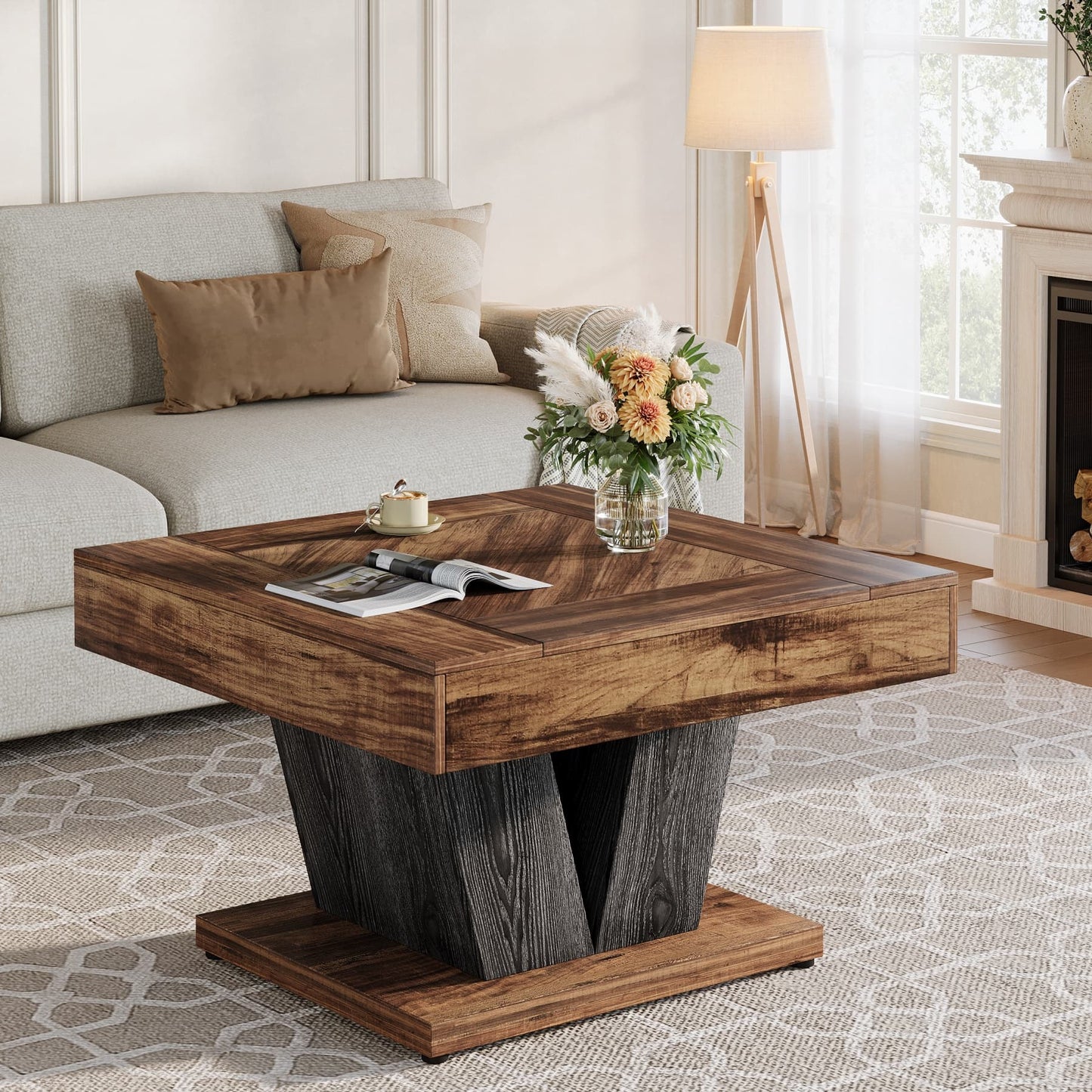 Moderne Salontafel – Vierkante Tafel – Woonkamertafel – Koffietafel – Accenttafel – Rustiek Bruin Zwart – Stevig MDF Tafelblad – Space-Saving Ontwerp 80 cm