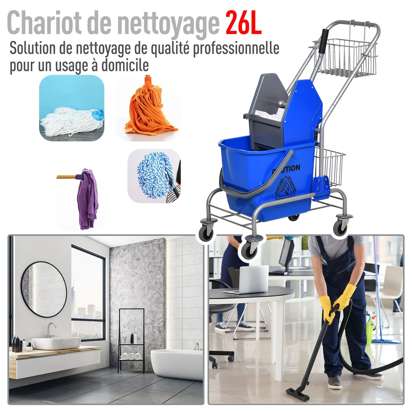 Schoonmaakwagen – Reinigingswagen – Dweilwagen – Systeemwagen – Schoonmaaktrolley – 26L Inhoud – Stalen Frame met 360° Zwenkwielen – Uitwringsysteem