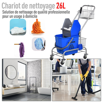 Schoonmaakwagen – Reinigingswagen – Dweilwagen – Systeemwagen – Schoonmaaktrolley – 26L Inhoud – Stalen Frame met 360° Zwenkwielen – Uitwringsysteem