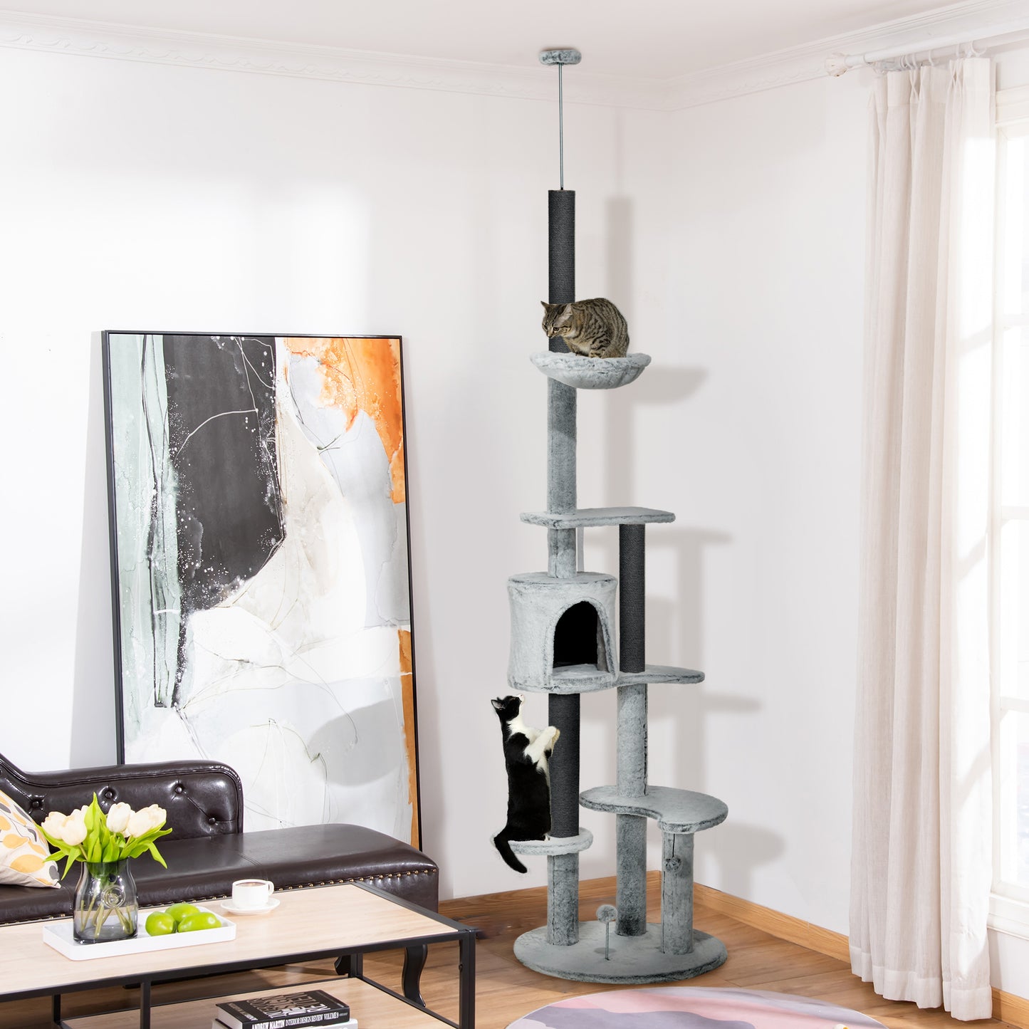 Krabpaal – Kattenboom – Klimpaal – Speelpaal – Hangmat – Grijs – Verstelbare Hoogte 225-255 cm – Stevige Plafondsteun