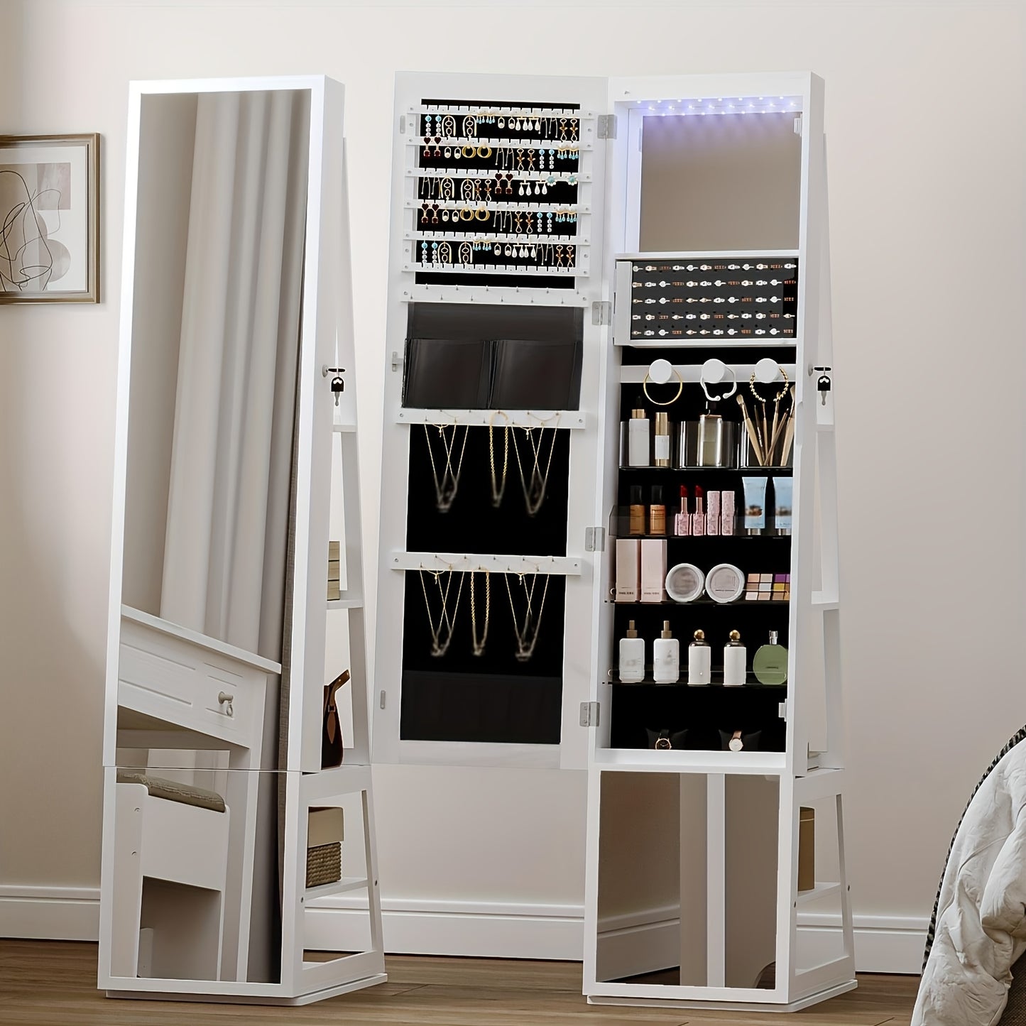 Sieradenkast – Juwelenkast – Spiegelkast – Sieradenopberger – Make-upkast – 4-in-1 Design – Afsluitbaar Met Volledige Spiegel – Vintage Kleur – MDF & Fluwelen Bekleding
