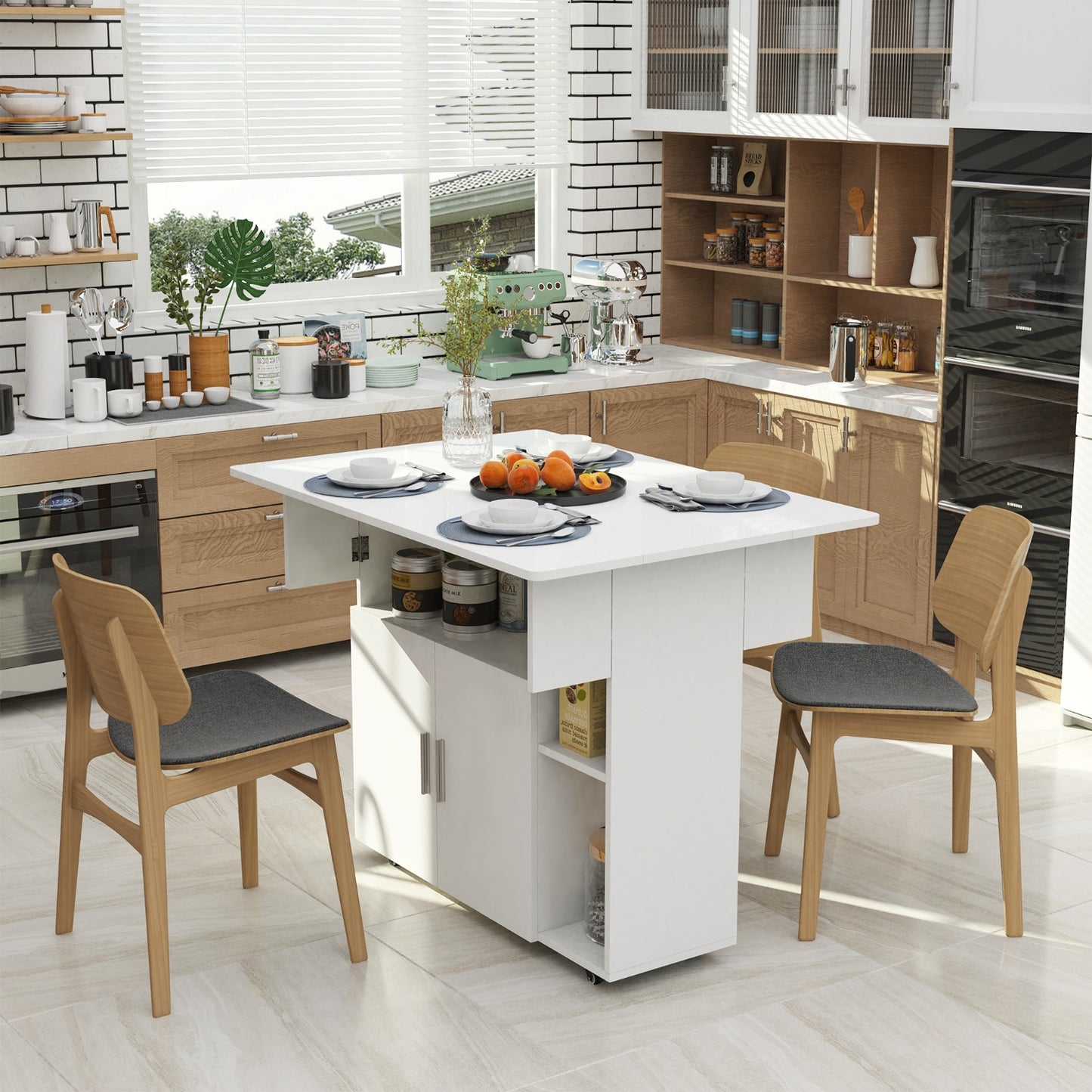 Uitklapbare Eettafel – Uitschuifbare Tafel – Opklapbare Eettafel – Verlengbare Keukentafel – Klaptafel – Wit – 100x70x77 cm – Met Wieltjes – Ruimtebesparend