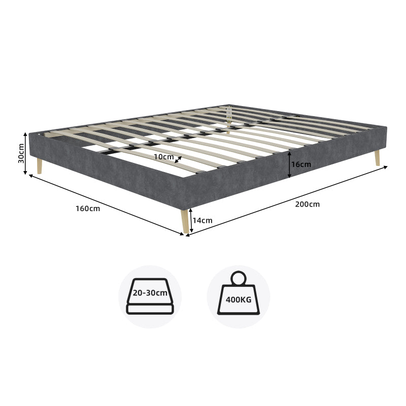 Bedframe – Tweepersoonsbed – Platformbed – Gestoffeerd Bed – Slaapbank – Grijze Dutch Velvet Bekleding – Stevig Metalen Frame – Geschikt Voor Matras 160x200 cm