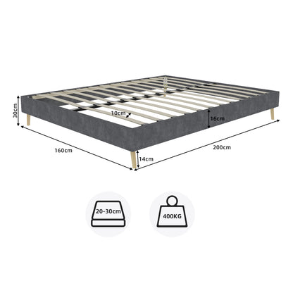 Bedframe – Tweepersoonsbed – Platformbed – Gestoffeerd Bed – Slaapbank – Grijze Dutch Velvet Bekleding – Stevig Metalen Frame – Geschikt Voor Matras 160x200 cm