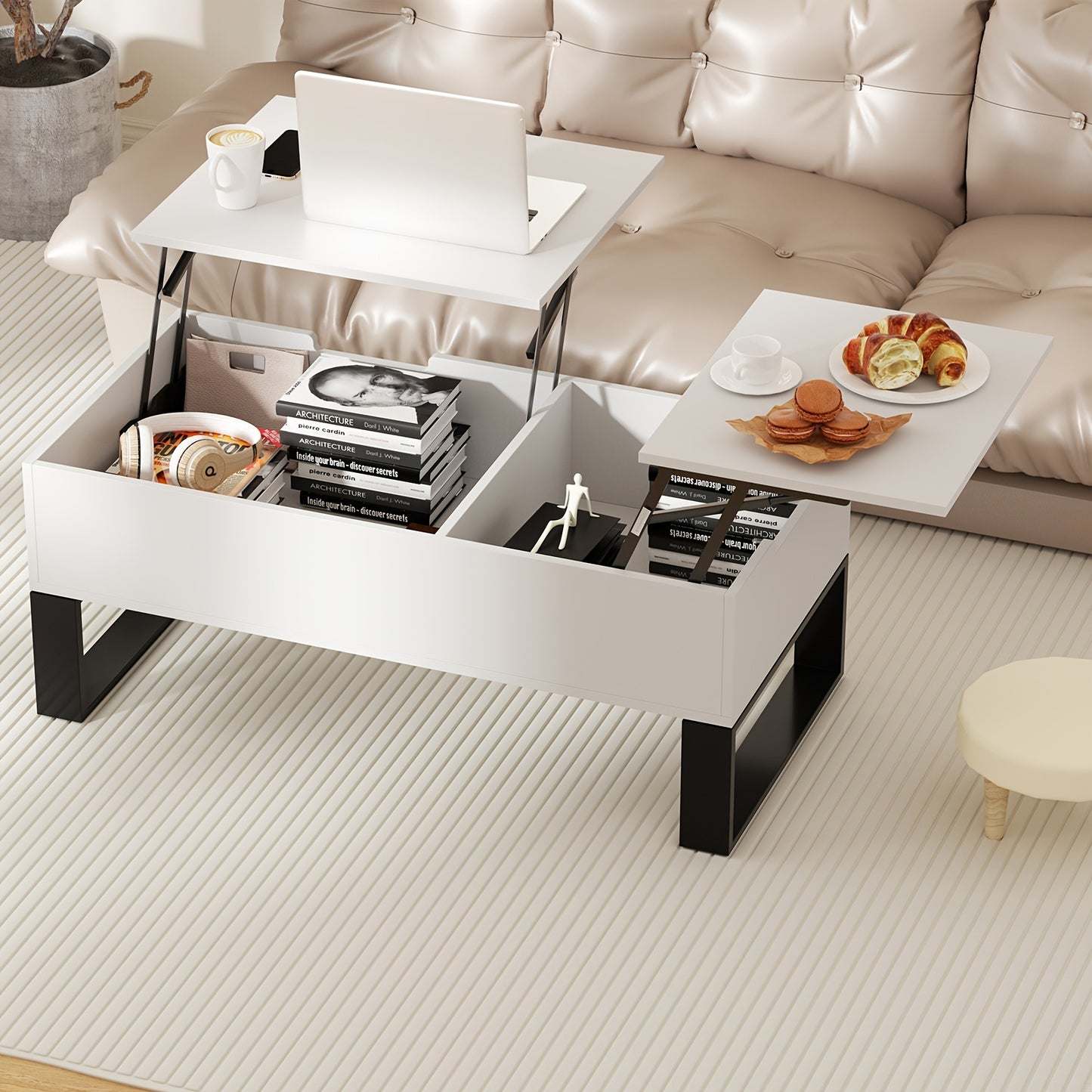Witte Salontafel – Koffietafel – Bijzettafel – Werktafel – Eettafel – Verstelbaar Met Lift-Top – Duurzaam MDF En Metalen Frame Met Verborgen Opbergruimte