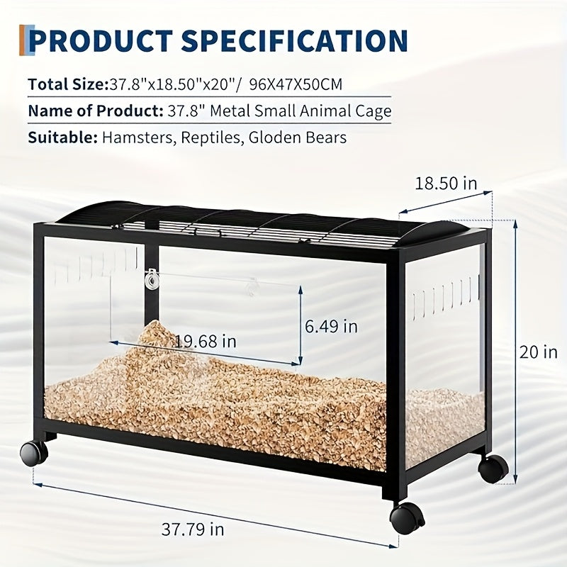 360° View Transparent Hamster Cage - with Front Door & Ventilated Roof, Clear Viewing Habitat, Heavy-Duty Construction, Cage with Wheels for Hamsters, Rats, Guinea Pigs - Easy-Clean Small Pet House, Mobile Animal Enclosure