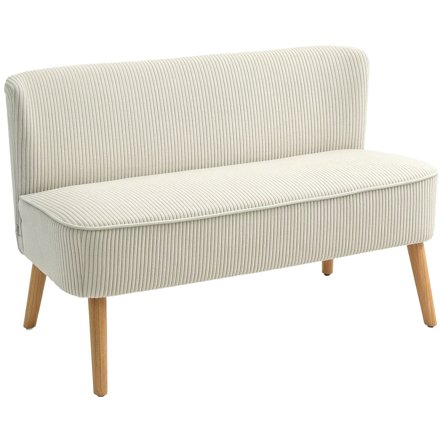2-zits bank – tweezits sofa – loveseat – zitbank – kleine bank – zonder armleuningen – crème wit – gestoffeerd met cord stof – compacte loungebank – houten poten – 117x56,5x77 cm