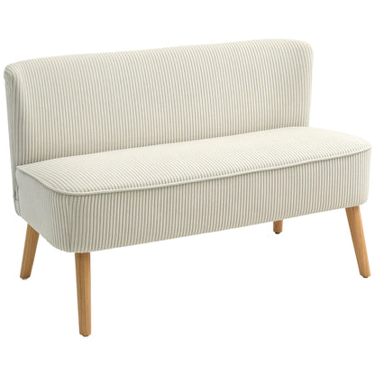 2-zits bank – tweezits sofa – loveseat – zitbank – kleine bank – zonder armleuningen – crème wit – gestoffeerd met cord stof – compacte loungebank – houten poten – 117x56,5x77 cm