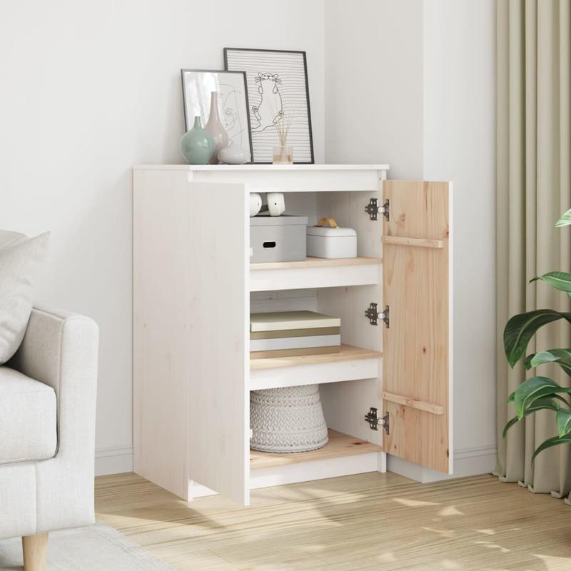 Modern White Solid Wood Pine Sideboard Cabinet with Lockable Doors & Adjustable Shelves - 60cm Wide Floor-Standing Storage Furniture, Fire-Resistant Hardwood Construction, Minimalist Design for Living Room, Hallway, Entryway