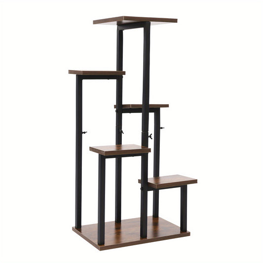 Plantenrek – Plantenstandaard – Plantentafel – Bloemenrek – Plantenzuil – 6 Lagen – Zwart Stalen Frame Met Houten Planken – Compact & Stevig Ontwerp