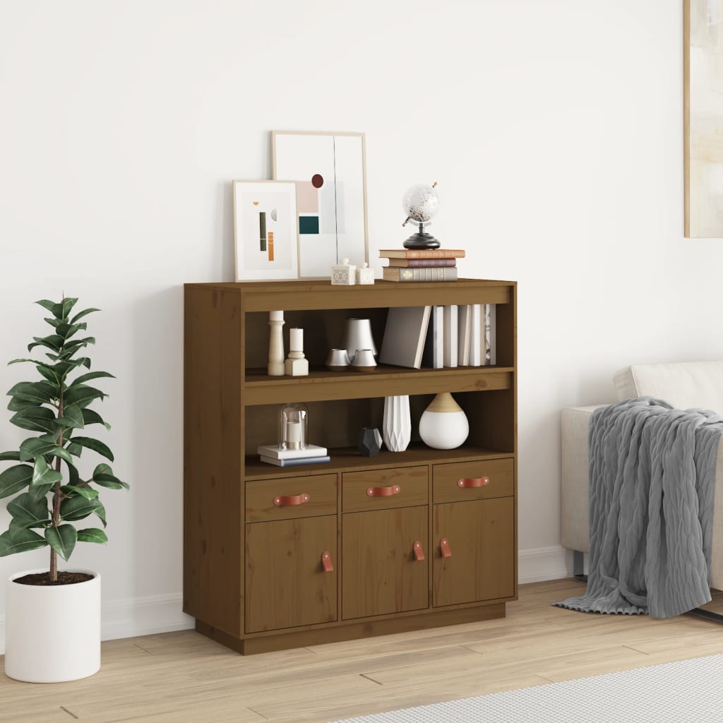 Hoogkast – Opbergkast – Kast – Boekenkast – Dichte Kast – Massief Dennenhout – Compact Hoog Model – Honingbruin