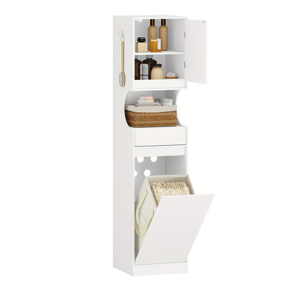 Bathroom Cabinet With Laundry Basket, Tall Bathroom Cabinet, Laundry Bag, With Foldable Laundry Basket, Door And Drawer, Adjustable Shelf, White 40 X 40 X 174 Cm