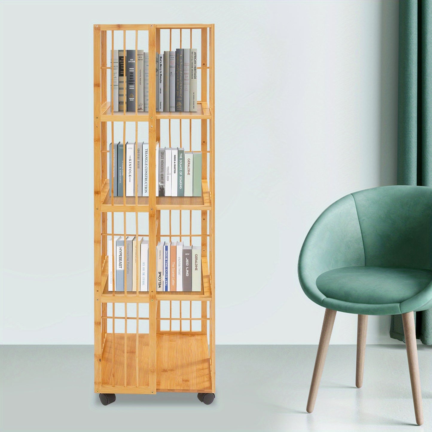 Boekenrek – Boekenkast – Boekenplank – Opbergkast – Vakkenkast – 5 Lagen – Bamboe – Mobiel met Remmen – 132x37x37 cm – Max. 100 kg – Natuurlijk Hout